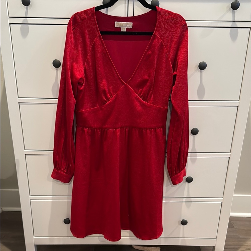 Michael Kors Red Plunge Bishop Sleeve Sundress